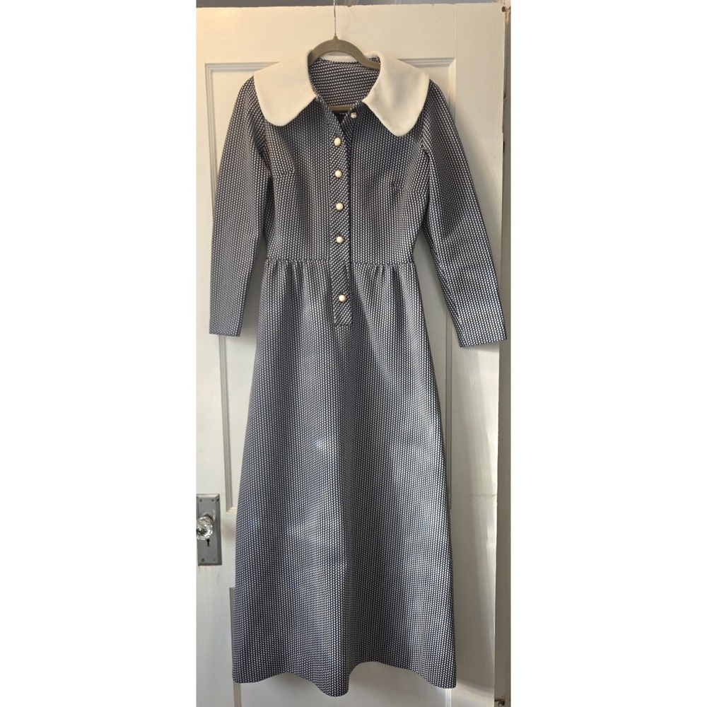 Vintage 70's  Geometric Navy Knit Peter Pan Collar Button Front Maxi Day Dress M